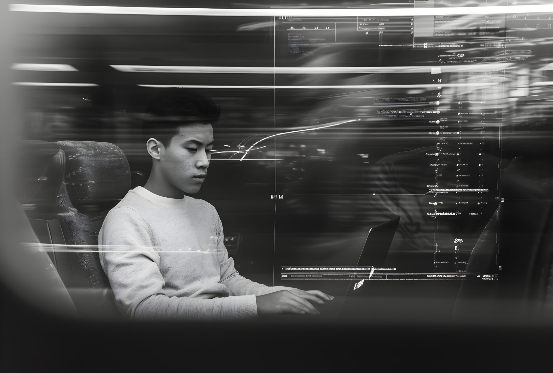 A man engrossed in virtual software development with Large Language Model Architecture.