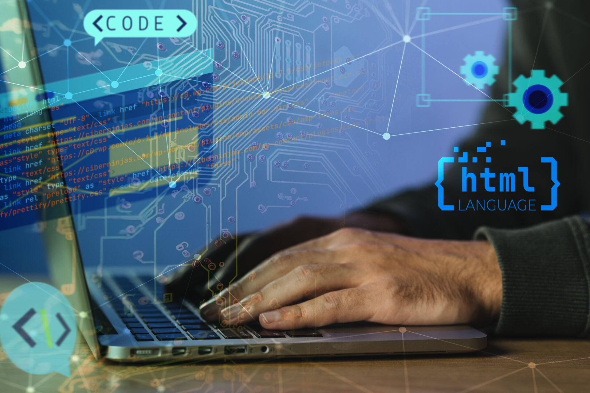 Person coding HTML for MVP and Low-Code development on laptop, showcasing the innovative process of crafting MVPs 