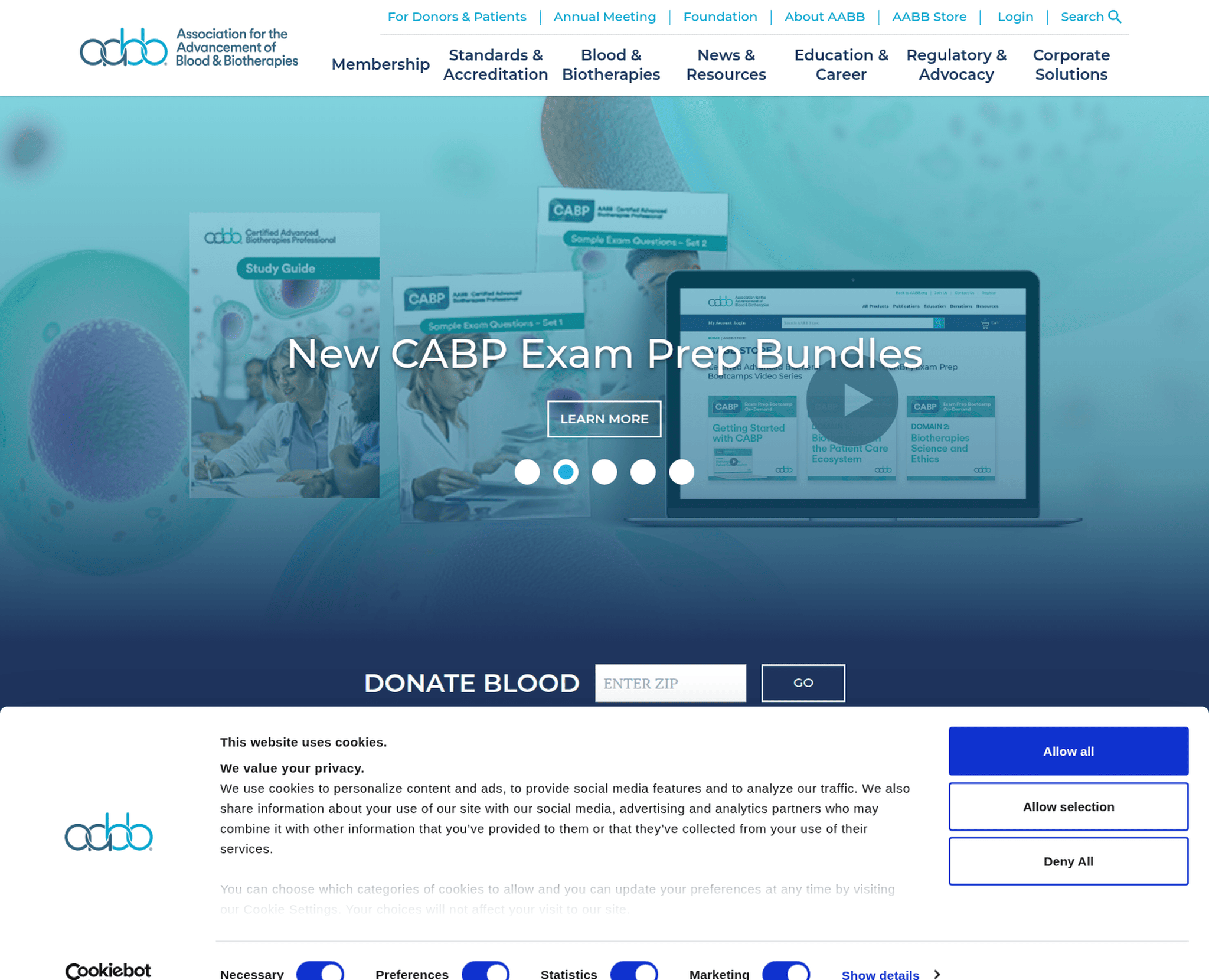 AABB homepage for the Association for the Advancement of Blood and Biotherapies, cover for our Personify ERP and DNN ecommerce case study