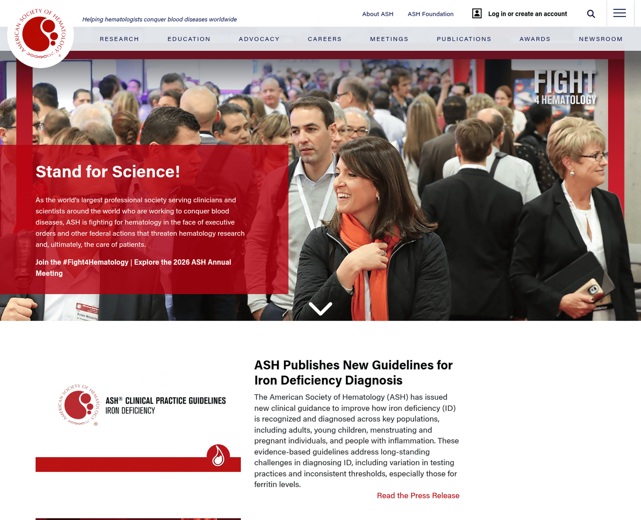 American Society of Hematology homepage with the line Conquer blood diseases, cover for our ASH Personify ERP and DNN ecommerce case study